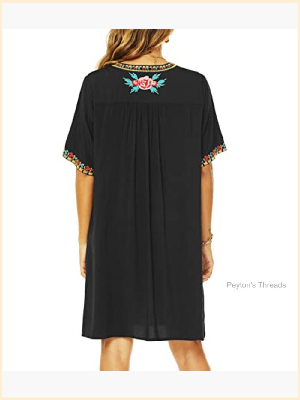 Boho Embroidered Dress V-Neck Short Sleeve Midi Dress Floral Embroidery - Picture 4 of 7